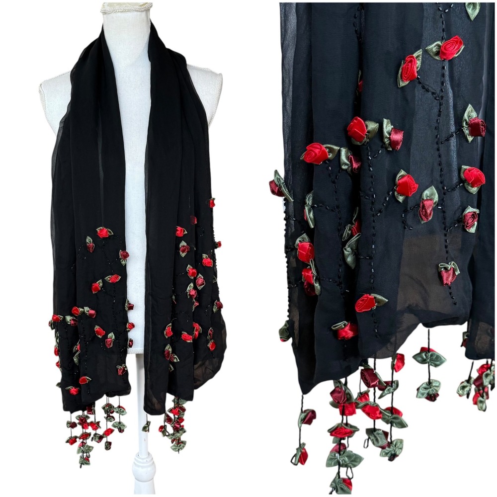 100% Pure Silk Black Scarf with 3D Red Ribbon Roses and Beaded Vines